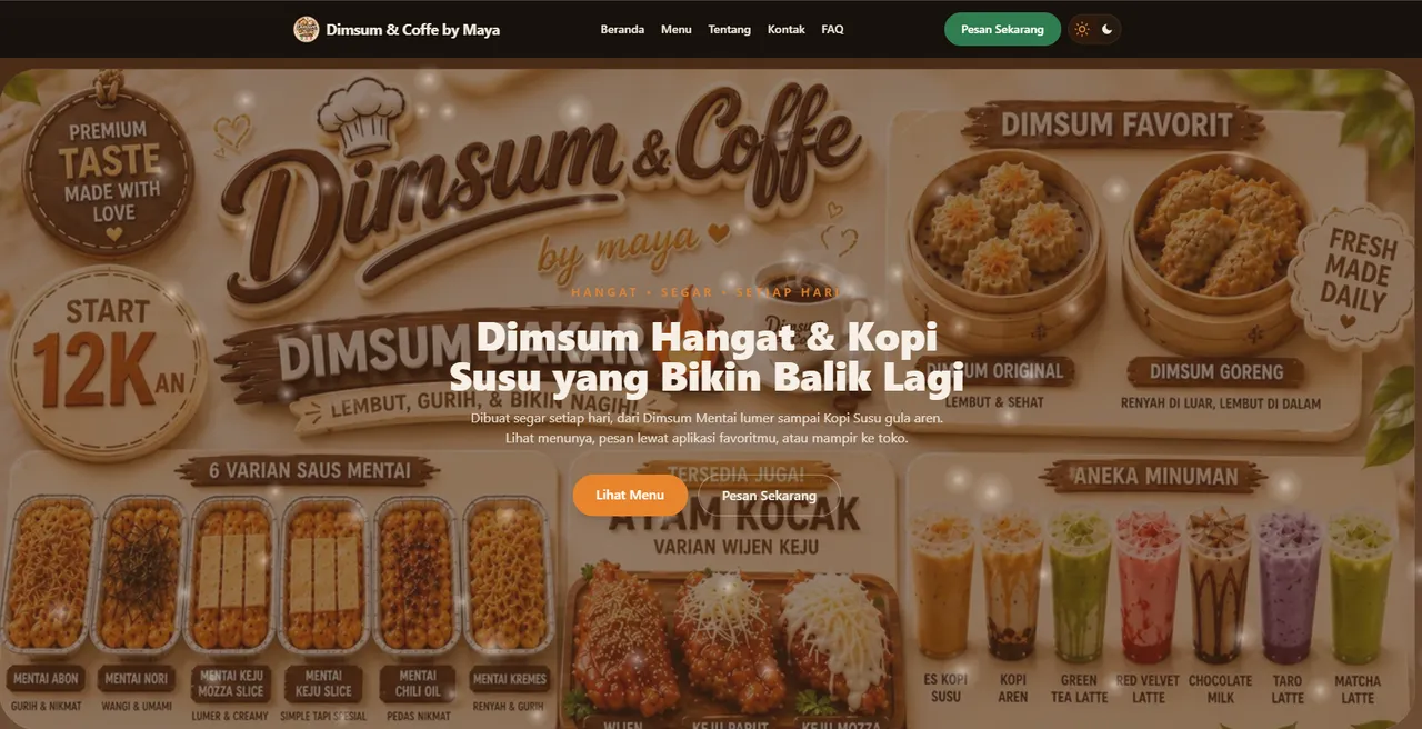 Website Dimsum & Coffe by Maya dengan menu makanan dan kopi